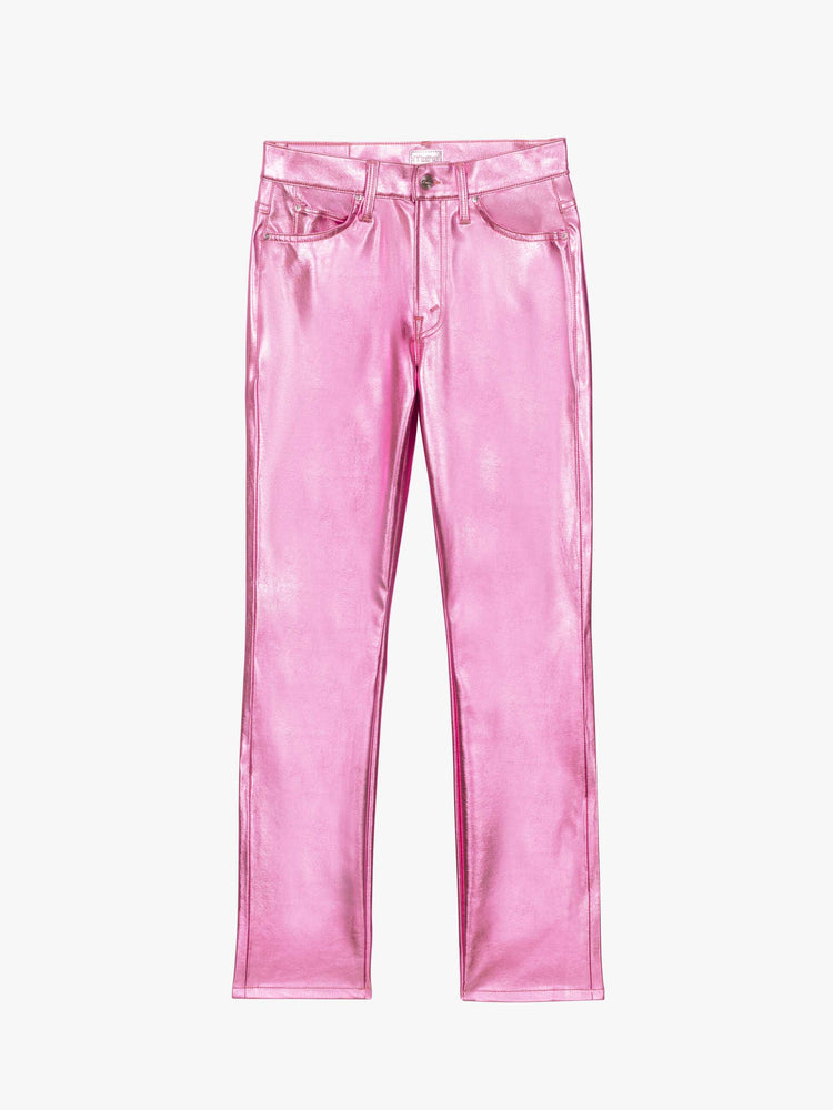 Flat view of a woman in mid-rise straight leg has a zip fly and a 28.25-inch inseam with a clean hem in a metallic faux leather, Hoop Earrings is a reflective light pink.