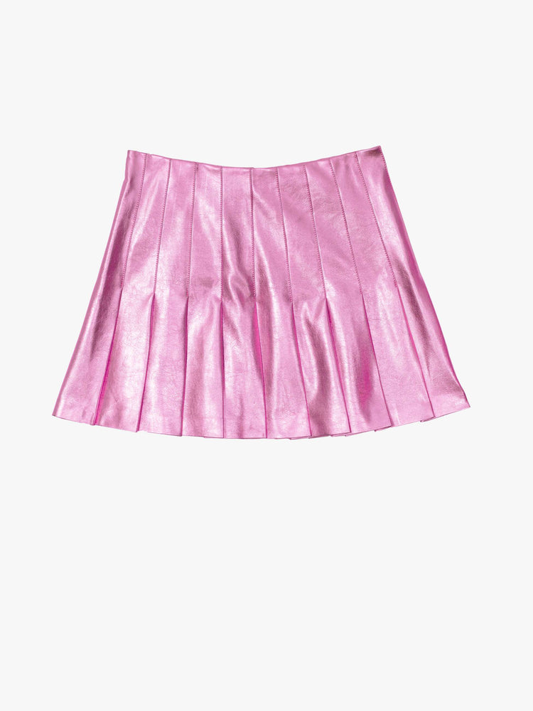 Flat view of a woman in a reflective light pink faux leather pleated mini skirt with a high rise, wide pleats and a thigh-grazing hem. 
