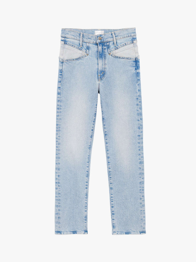 Flat view of a woman in a light blue high-rise jean has a straight leg, zip fly, angled contrast cut-outs at the hips, a 29-inch inseam and a clean hem.