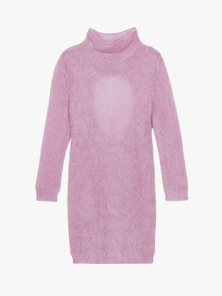 Flat view of a light lavender mini dress with a soft turtleneck, long sleeves, an open back and a thigh-grazing hem.
