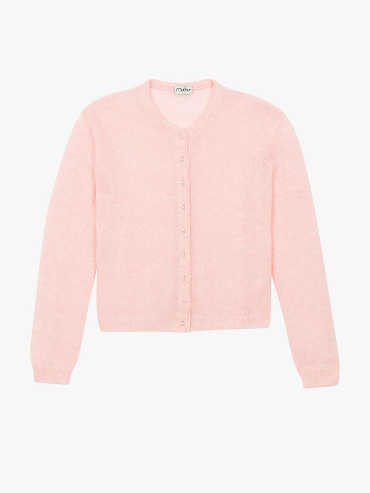 Flat view a soft baby pink crewneck, ribbed hems and a cropped fit.