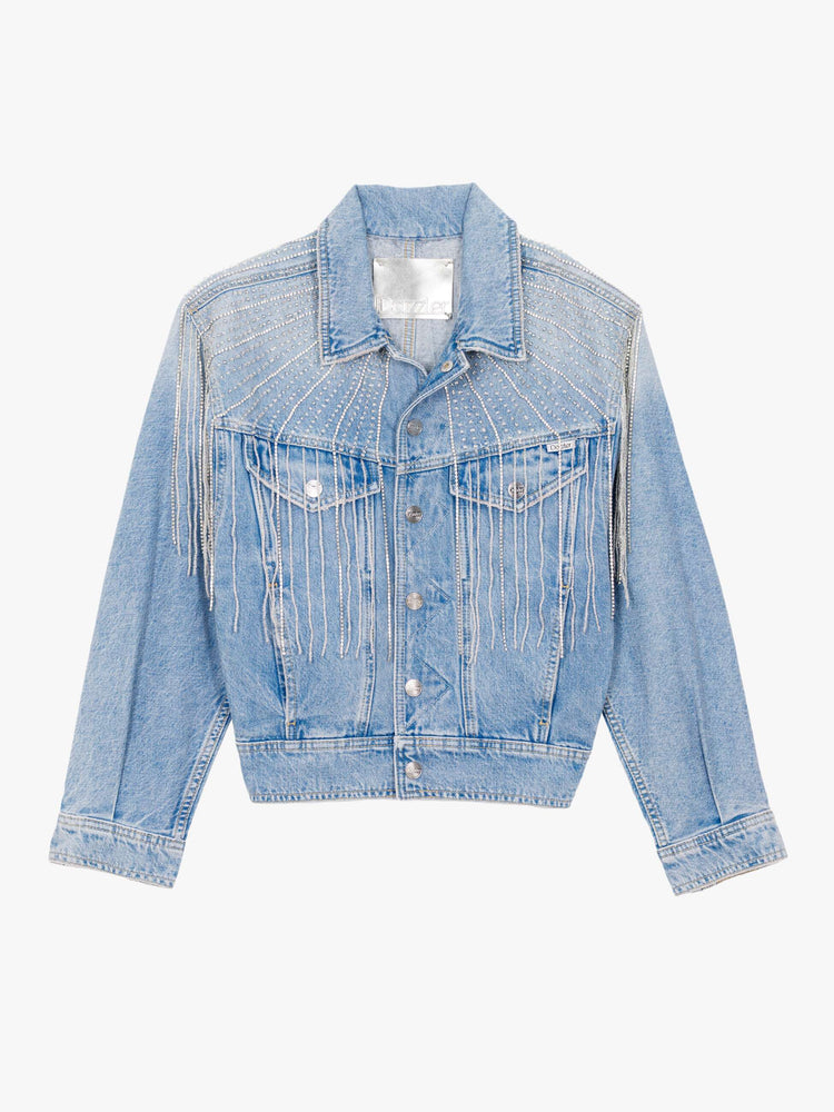 Flat view of a woman in a light blue  jacket with fading on the chest and elbows and glittery fringe around the neck.
