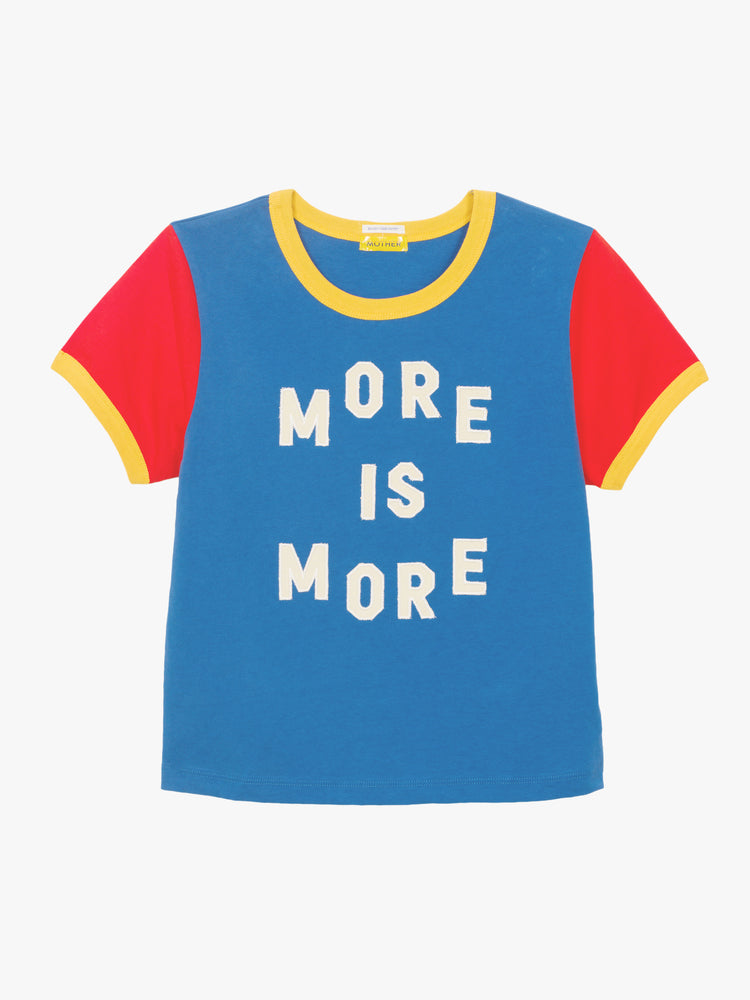 Flat view of a blue and red colorblock ringer tee with yellow rib and a white graphic.