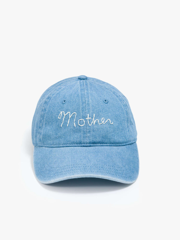Flat front view of a dad hat designed in light blue denim with MOTHER's name embroidered in white cursive on the front.