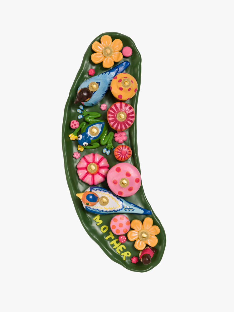Flat view of a Menorah with a colorful scene of mushrooms, flowers and woodland creatures.