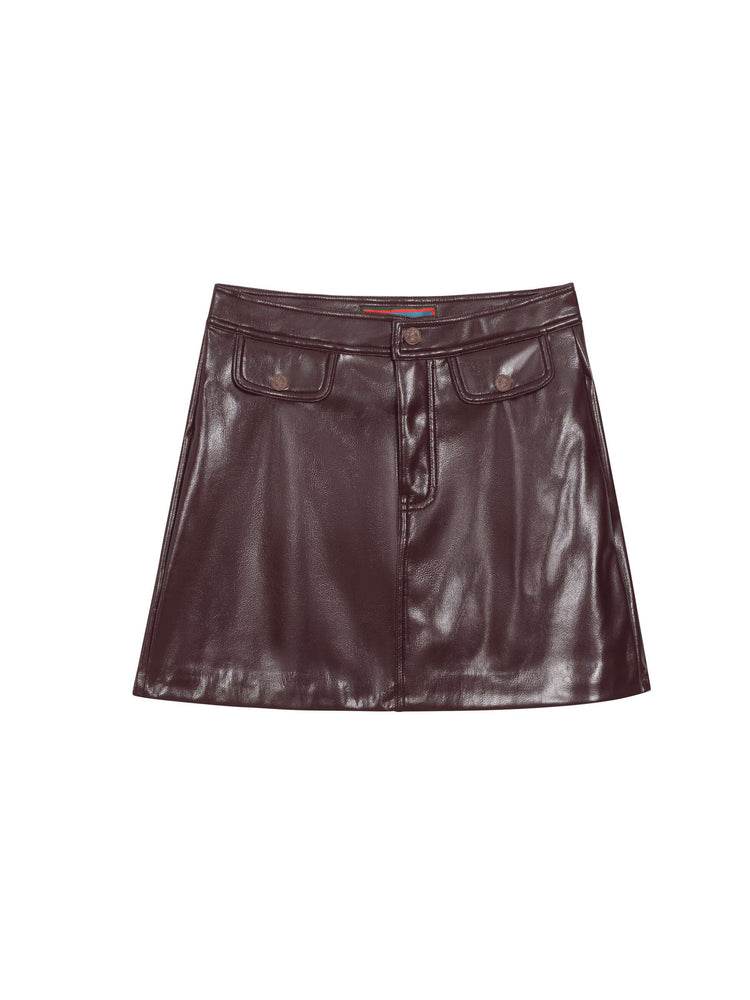 Flat product image of of a dark brown faux leather skirt.