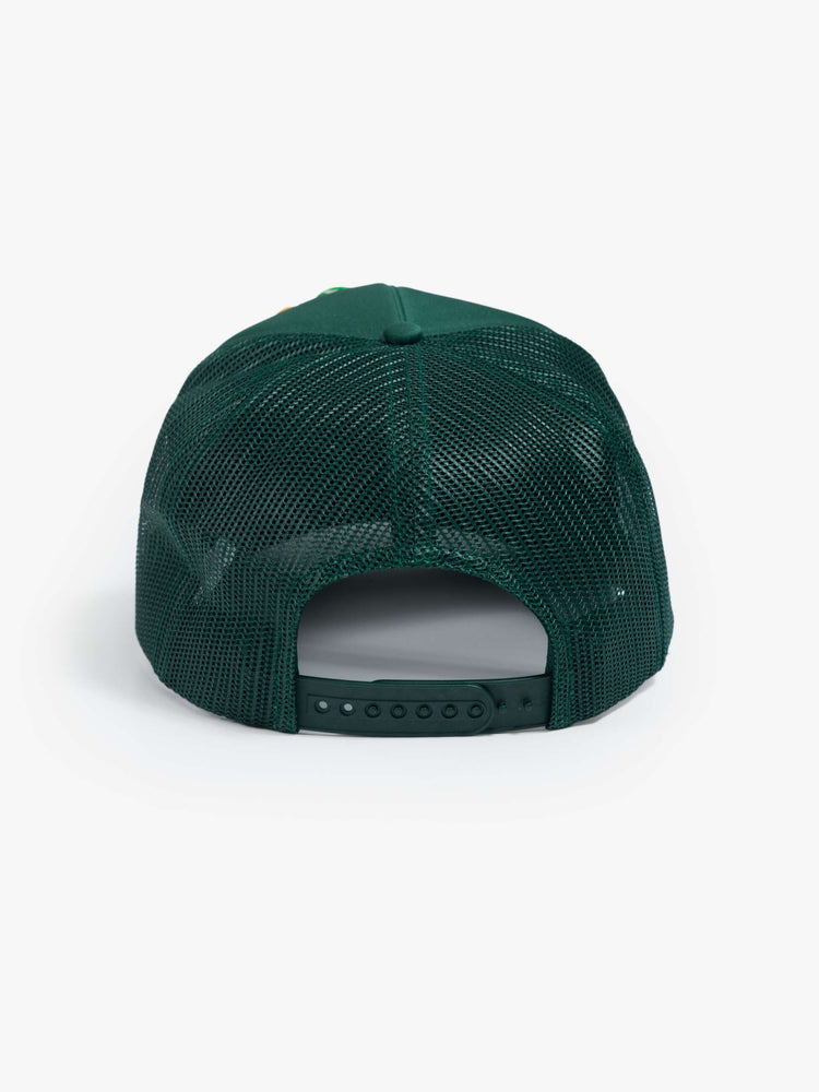 Flat view of vintage-inspired hat designed in green featuring retro-inspired pins and MOTHER's name in peach on the front.