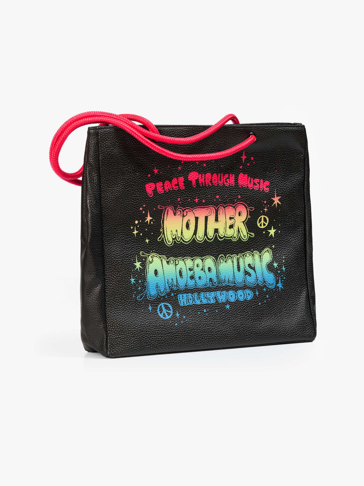 Flat view of black faux leather with hot pink straps, the tote features a colorful Amoeba Music graphic and MOTHER's name in rainbow font.