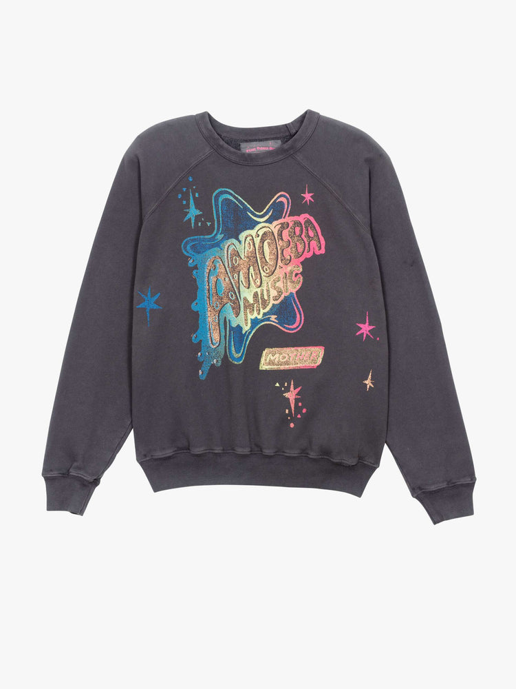 Flat view of woman faded black, the sweatshirt features a colorful Amoeba Music graphic and MOTHER's name on the front.
