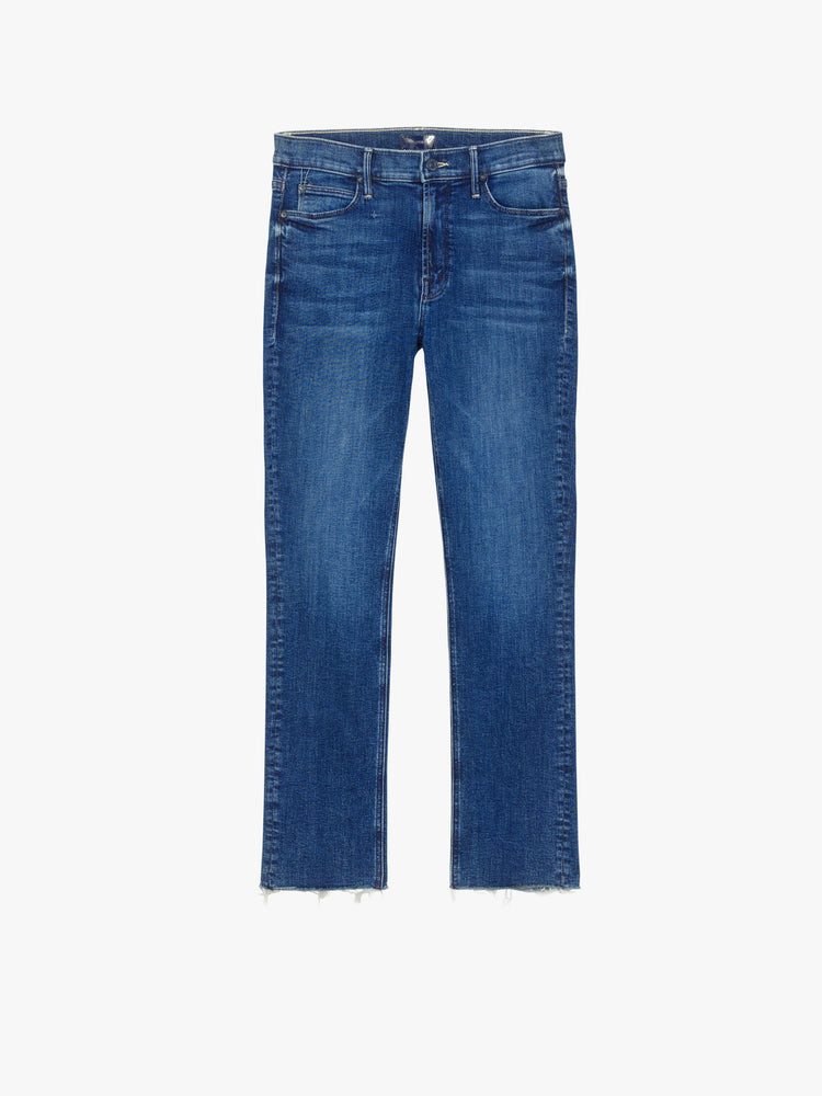 Flat view of a dark blue denim jean featuring a slim straight leg and frayed hem.