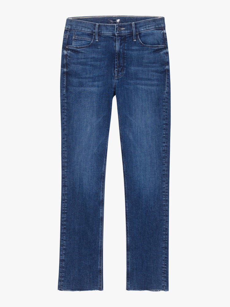 Flat view of a dark wash denim jean with a skinny leg and raw hem.