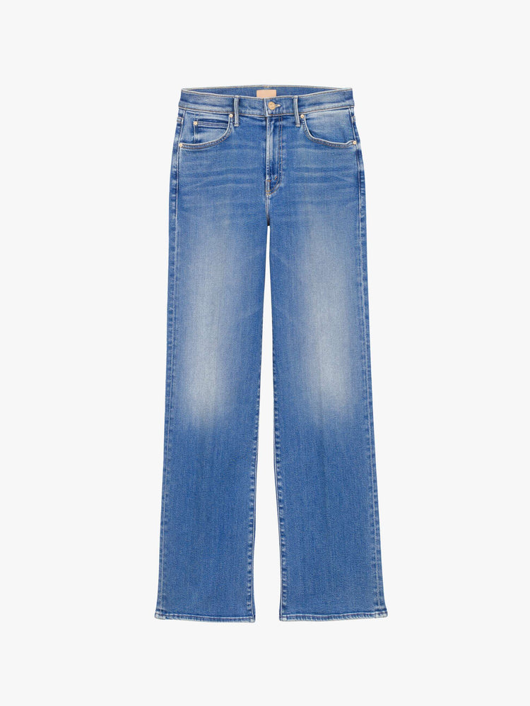 Flat view of a woman in mid blue high-rise straight leg jean with a 32-inch inseam and a clean hem.