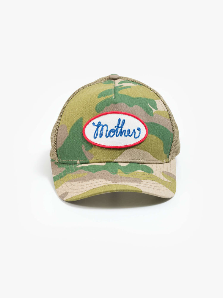 Flat view of a vintage-inspired trucker hat designed in camo with an oversized white and red patch with MOTHER's name in blue on the front.