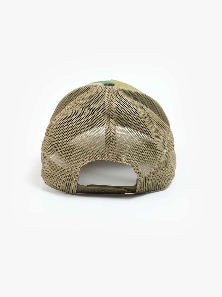 Back flat of a vintage-inspired trucker hat designed in camo with an oversized white and red patch with MOTHER's name in blue on the front.