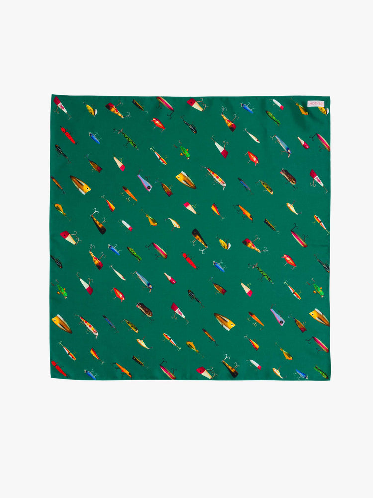 Front view of a green-teal fish print  of a 25-inch-wide square scarf designed to be worn around the neck, on your head or tied on a bag. 