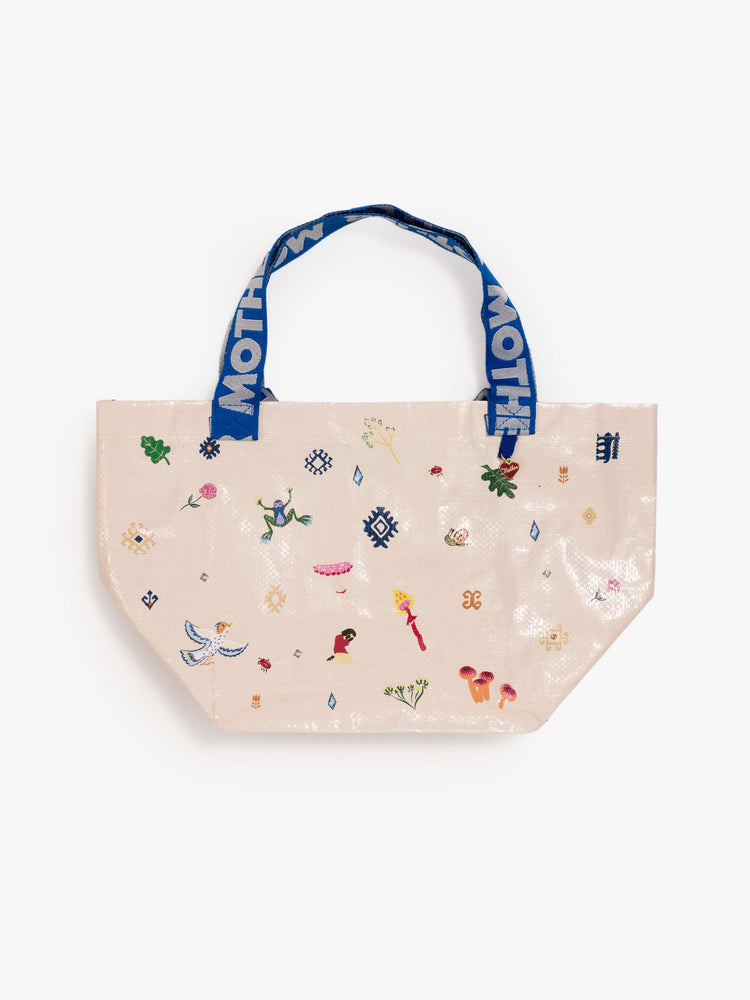 Flat view of the mini bag in cream with colorful doodles throughout.