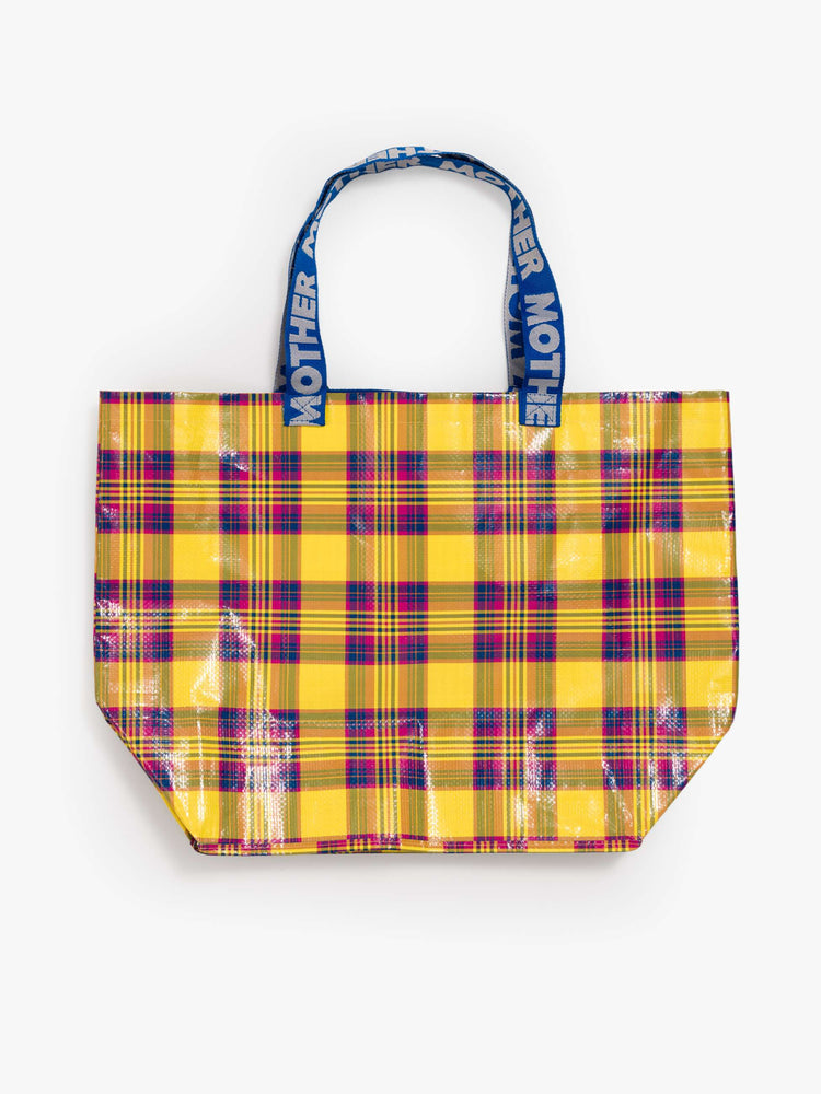 Flat  view of a tote bag in a bright yellow plaid.