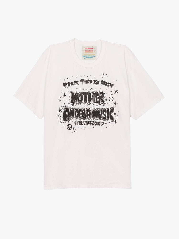 Flat front view in a  white top with a MOTHER's spin on the classic Amoeba Music logo in black on the front.