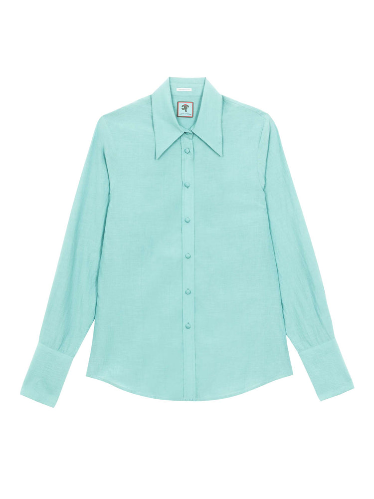 Flat product image of of a light turquoise long sleeve button down shirt.