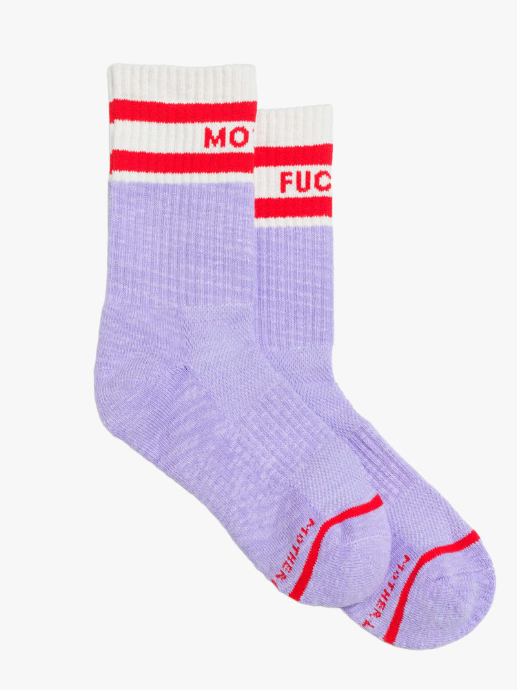 Flat view of lavender and white with red lettering details socks.