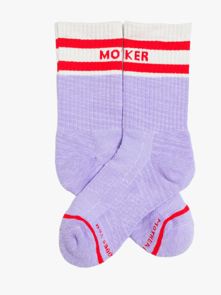 Flat side view of lavender and white with red lettering details socks.