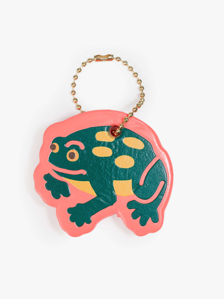 Flat view of a foam floaty charm with a frog on one side and MOTHER's name on the other.