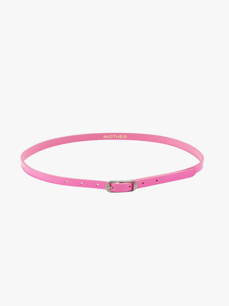 Flat view of a narrow belt is made from 100% leather with a pastel pink coating and silver hardware.