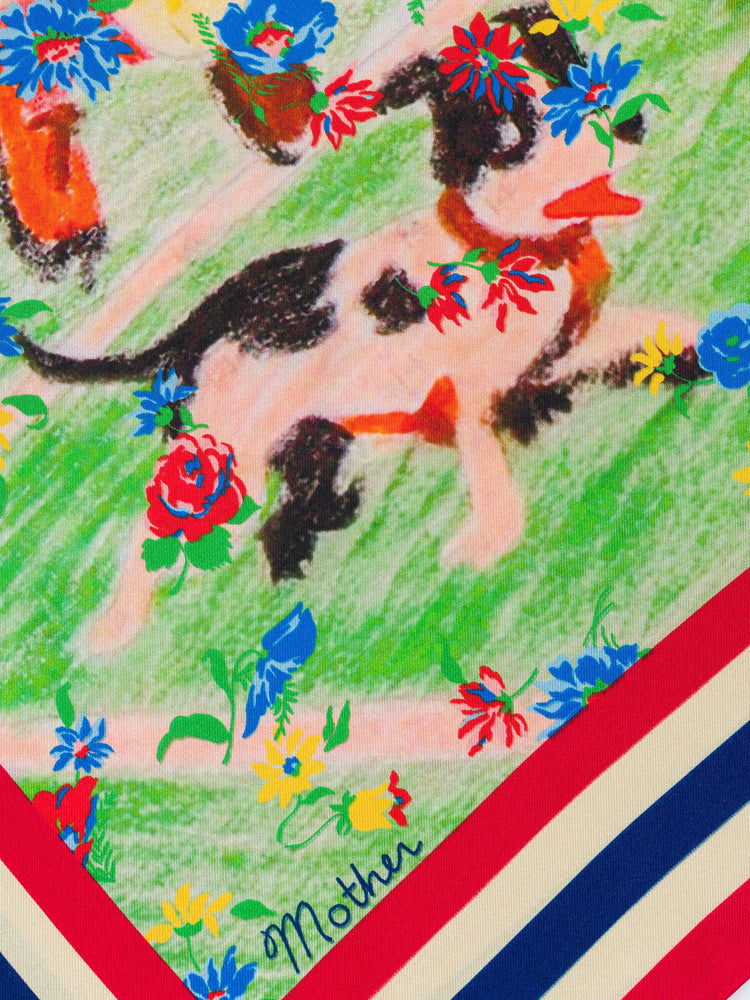 Close up view of a  25" square scarf made from 100% silk with a football-inspired graphic and red, white and blue striped trim.