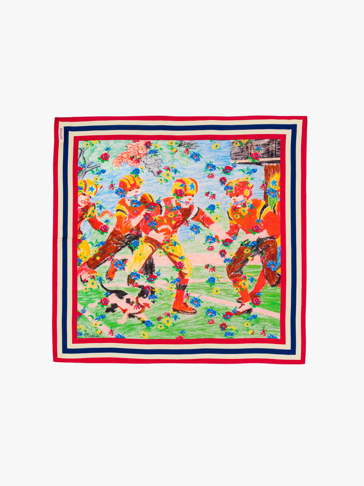 Flat view of a 25" square scarf made from 100% silk with a football-inspired graphic and red, white and blue striped trim.