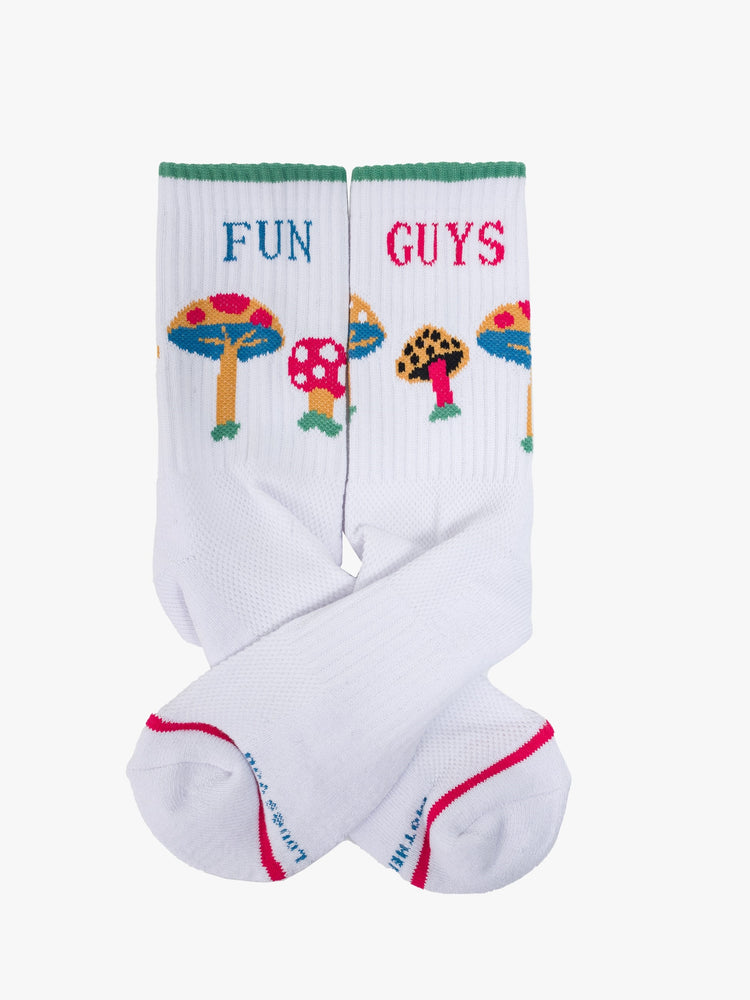 Flat side view tube socks with colorful mushrooms and text.
