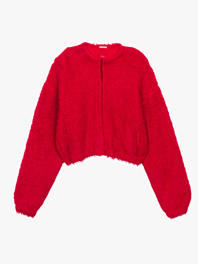Flat view of a fuzzy red cardigan with a loose boxy fit.