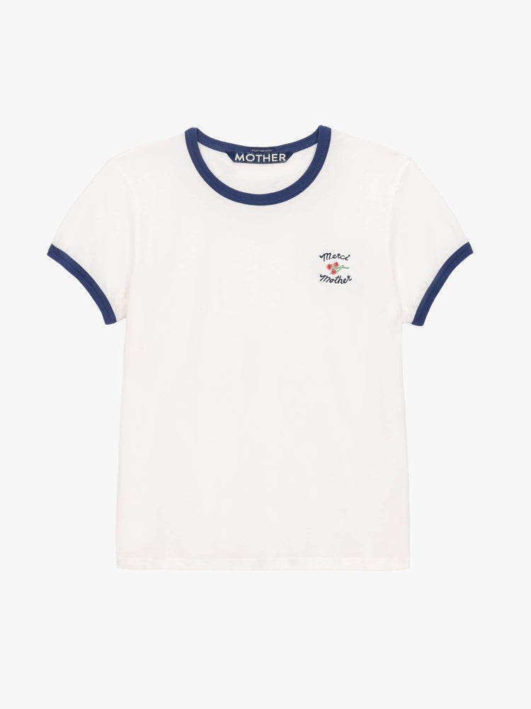 Flat view of a short sleeve tee is made from 100% supima cotton in white with navy trim, and features embroidered text in navy and a small bouquet on the chest.
