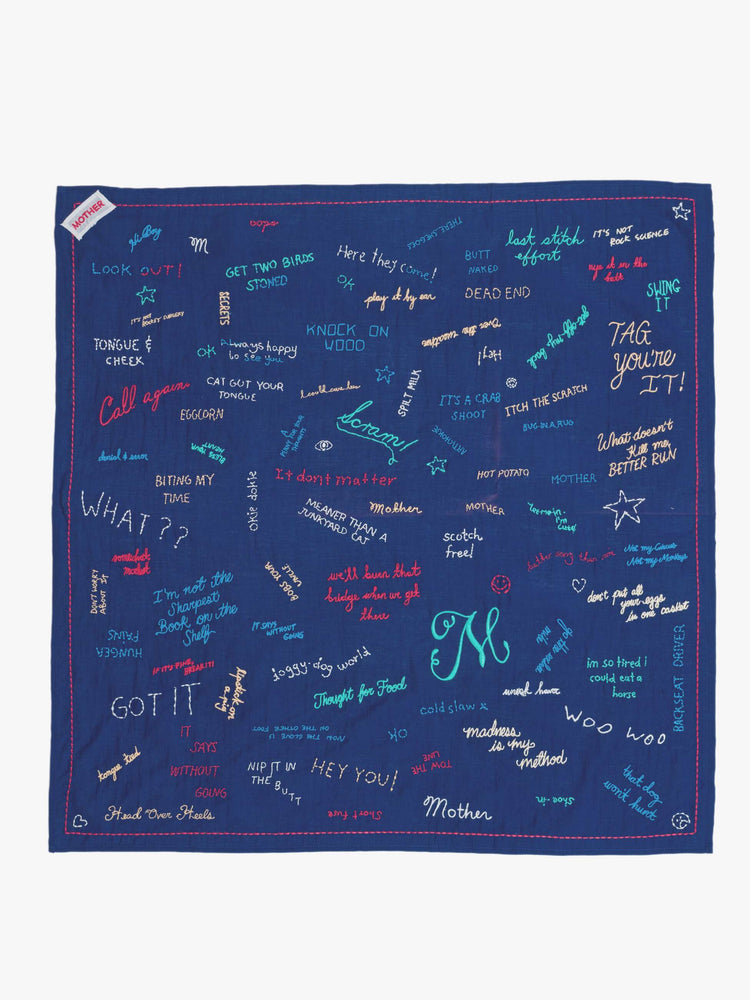 Flat square scarf designed to be worn around the neck, on your head or tied on a bag.