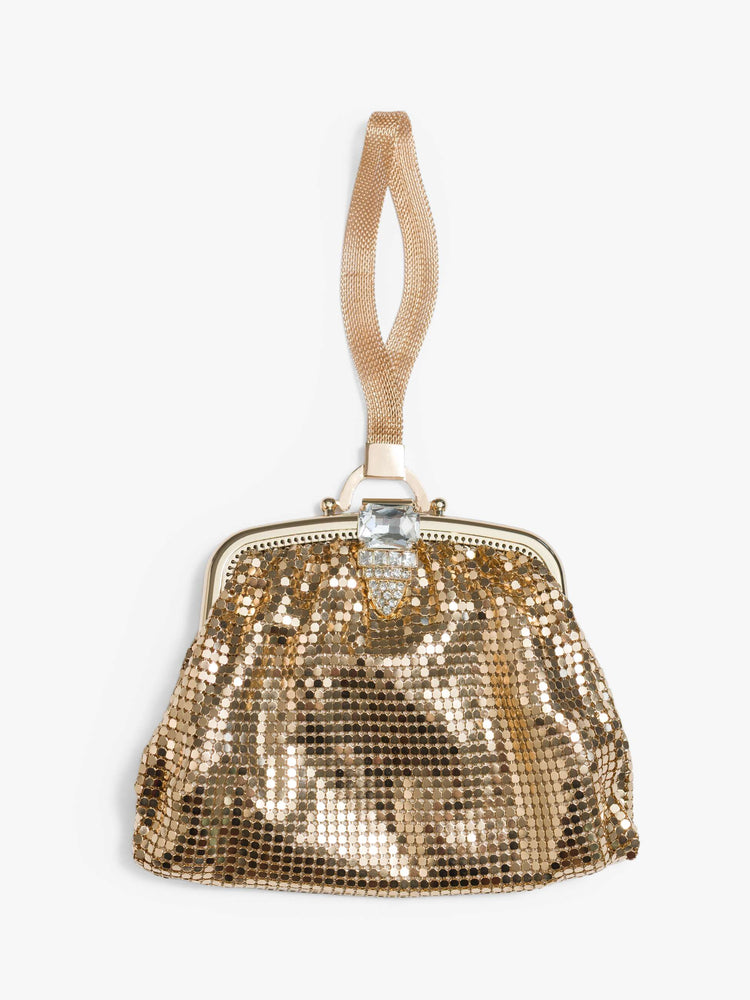 Flat view of a  vintage-inspired wristlet with a clasp closure and short strap.