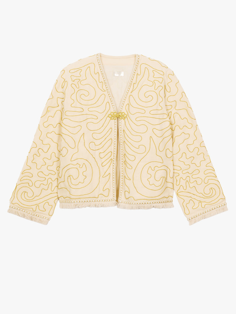Flat image of a ivory jacket with gold embroidered details.