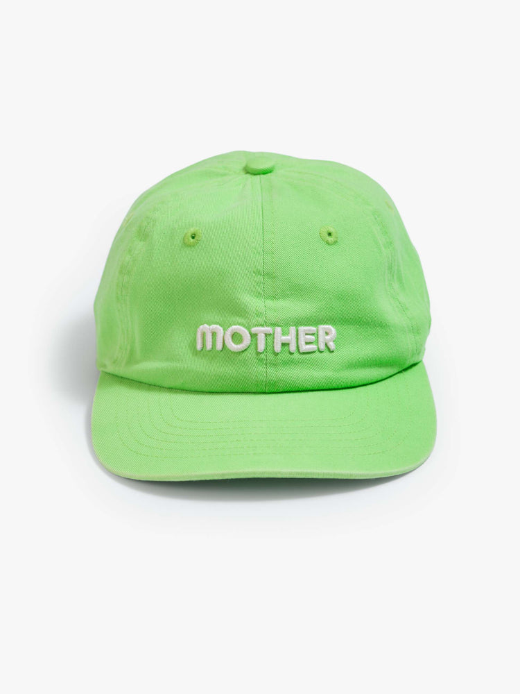 Flat view with a dad hat designed in lime green.