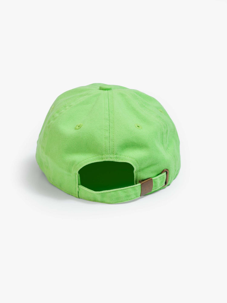 Back flat view with a dad hat designed in lime green.