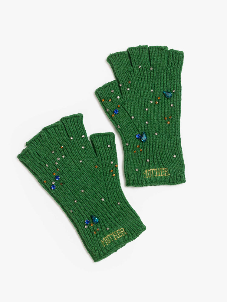  Fingerless gloves with ribbing throughout and MOTHER's name embroidered at the wrist in a green color.