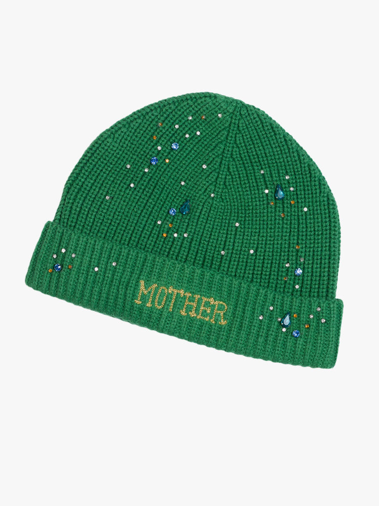 Flat view of a green beanie with colorful rhinestone embellishments.