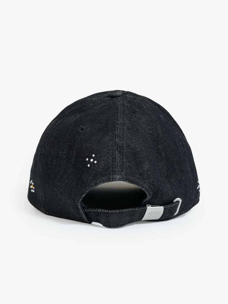 Flat view of a dad hat designed in a faded black 100% cotton denim with MOTHER's name in rhinestones on the front.