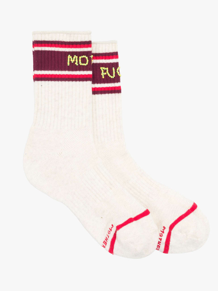 Flat view of tube socks in cream with burgundy and red stripes and an explicit message from MOTHER spelled out in yellow and green beads.