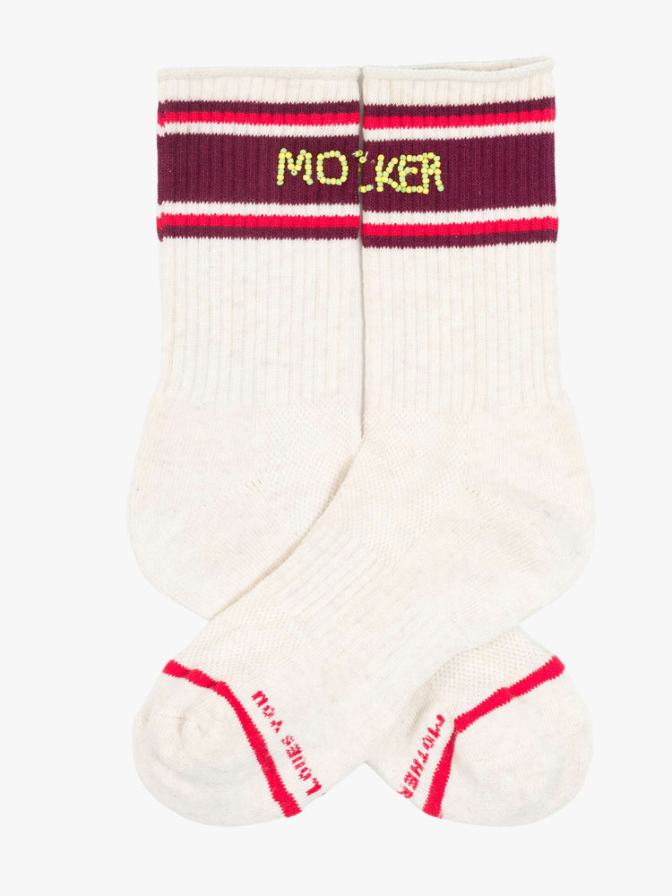 Flat view of tube socks in cream with burgundy and red stripes and an explicit message from MOTHER spelled out in yellow and green beads.