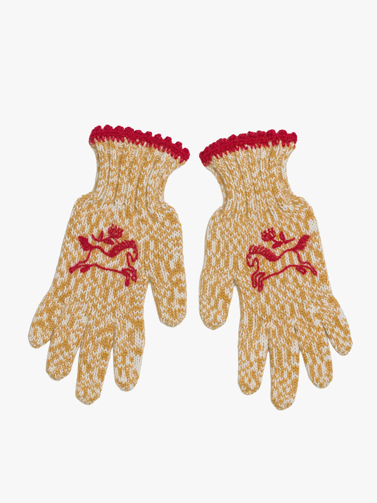 Flat view of a woman in marled golden-yellow and white with red embroidered horses and trim gloves.
