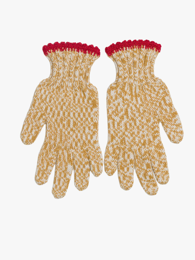 Flat view of a woman in marled golden-yellow and white with red embroidered horses and trim gloves.