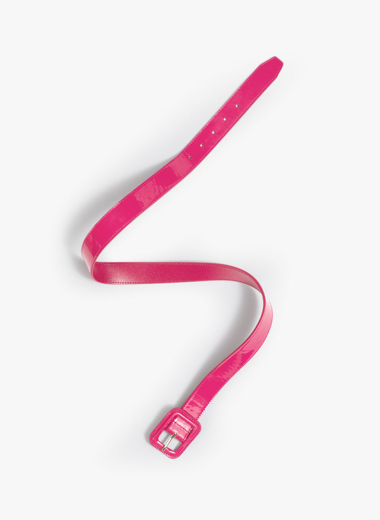 Flat view of a pink patent leather belt with an oversized square buckle. 