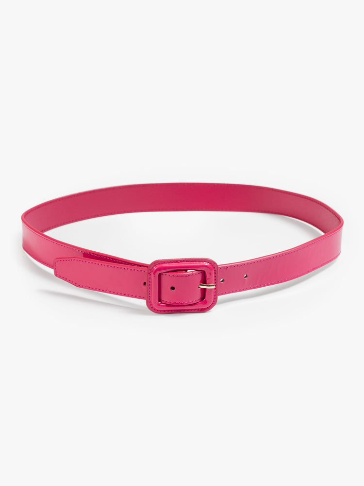 Flat view of a pink patent leather belt with an oversized square buckle. 