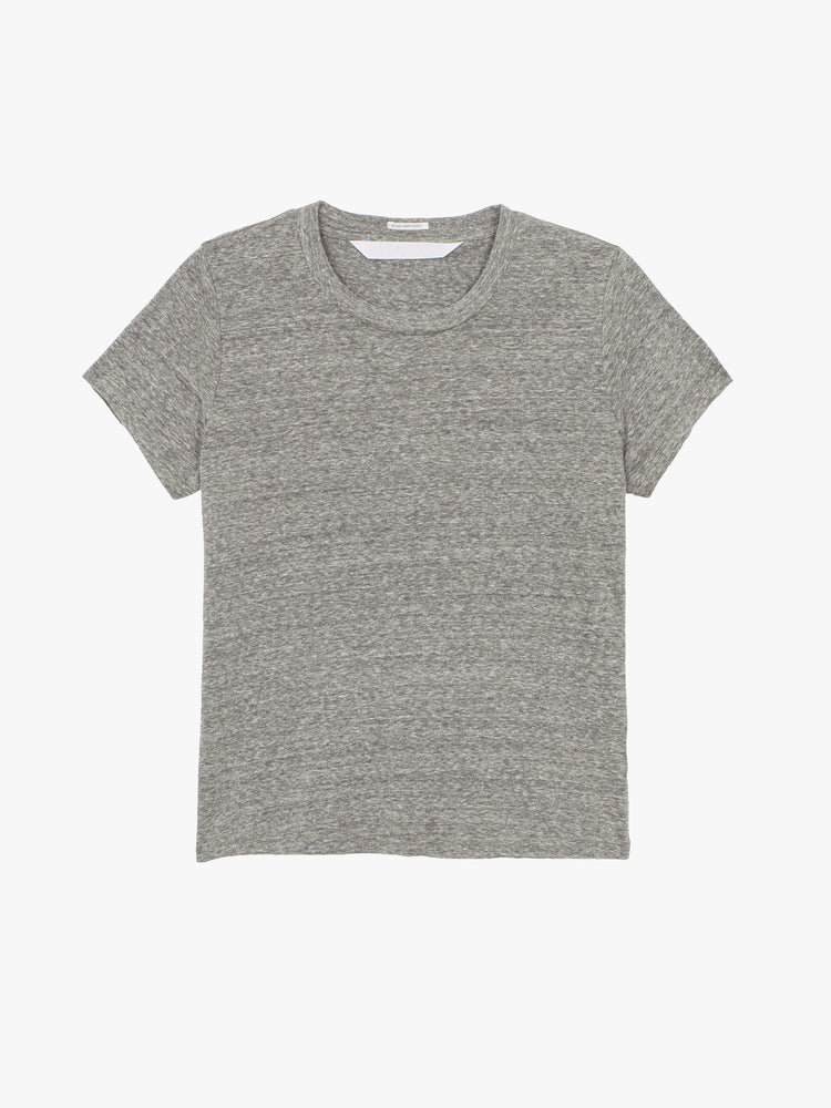 Flat image of a heather grey crew neck tee.