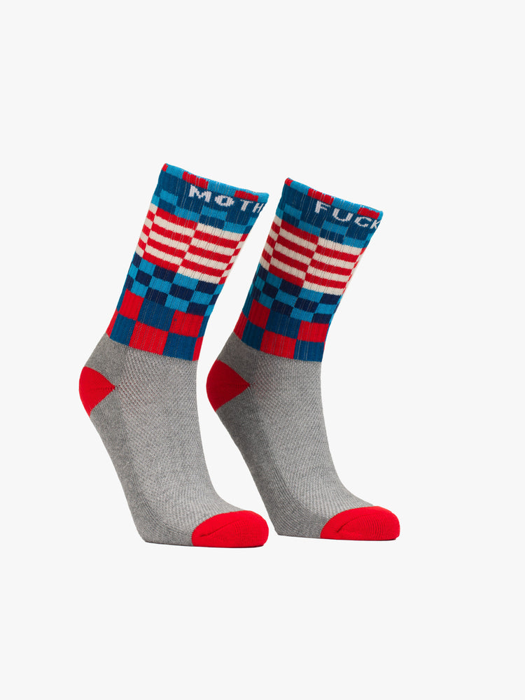 Classic tube socks with subtle message in grey with text and checker print details in shade of blue, white, and red.