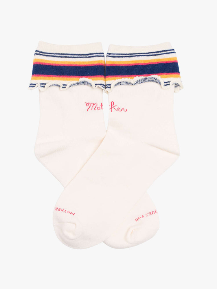 Flat view of ankle-length tube socks with a folded design and ruffled hem.