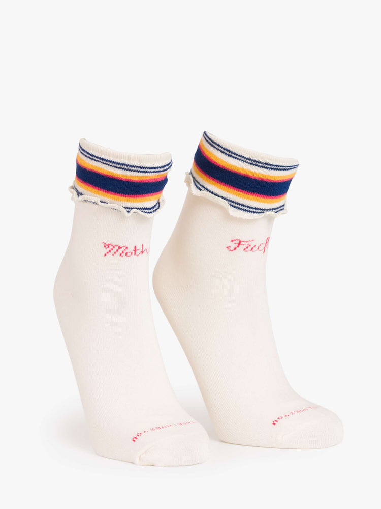 Flat view of ankle-length tube socks with a folded design and ruffled hem.